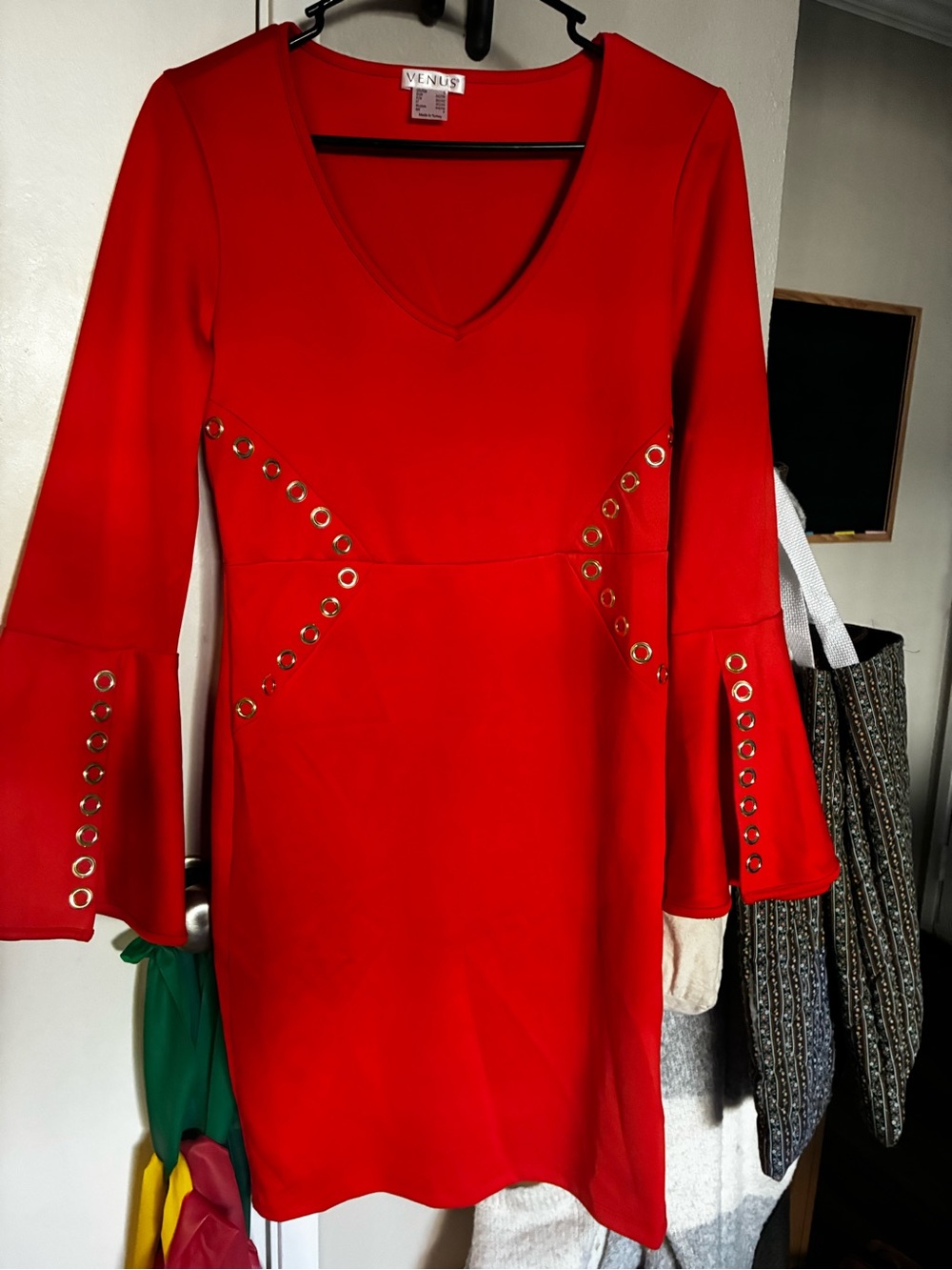 VENUS Red V-Neck Eyelet Bell Sleeve Mini Dress